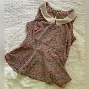 Peplum tank top - Quirky elephant print - Peter Pan collar - Rose color